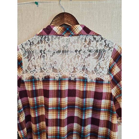 Womens Plus Size Plaid Button-Up Shirt Lace Back Size 2X Pockets - Picture 4 of 15
